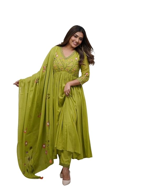 Nexaura Trendify Enterprises Women's Cotton Embroidered Long Anarkali Kurti with Pant and Dupatta Set - Image 3
