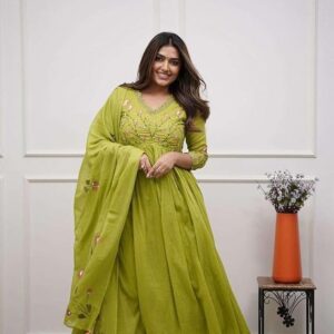 Nexaura Trendify Enterprises Women's Cotton Embroidered Long Anarkali Kurti with Pant and Dupatta Set