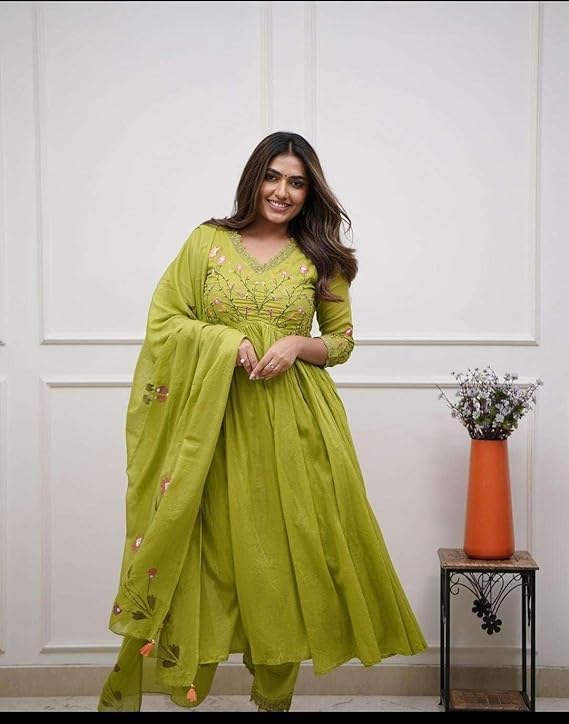 Nexaura Trendify Enterprises Women's Cotton Embroidered Long Anarkali Kurti with Pant and Dupatta Set