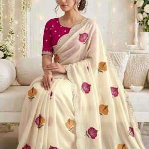 SIRIL Women's Silk Scalloped Border Mirror Work Embroidery Saree with Unstitched Blouse Piece