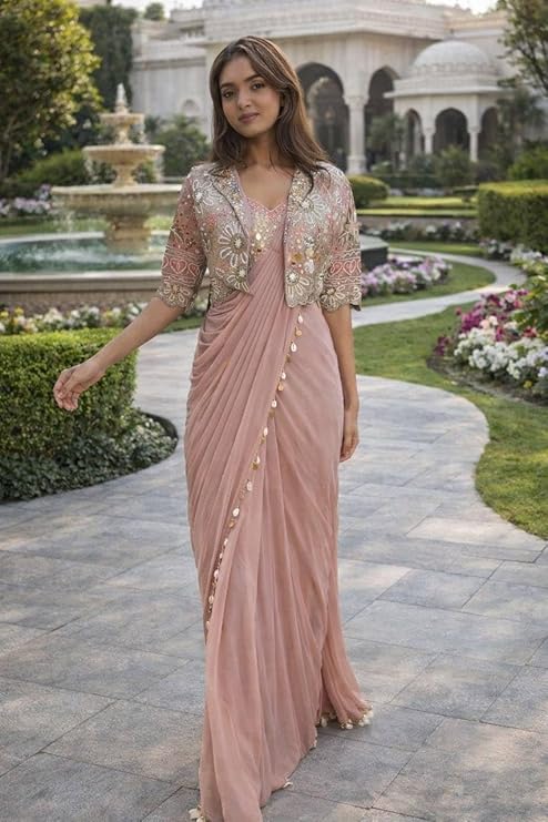 Lehenga Choli Indo-Western Draped Set For Womens And Girls Trending Embroidery Sequins work ready to wear saree with full koti Wedding Piech