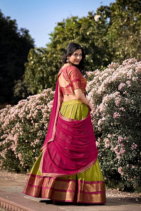 LooknBook Art Women's Solid Pattern Cotton Silk Blend Lehenga Choli Dupatta Set with Unstitched Blouse Piece and Zari Weave Type - Image 2